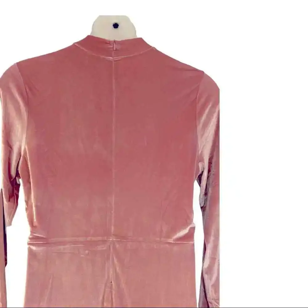 ASHRO Velour Stretchy Midi Blush Pink Dress Mock Neck Office Dinner Party Guest - Picture 6 of 10
